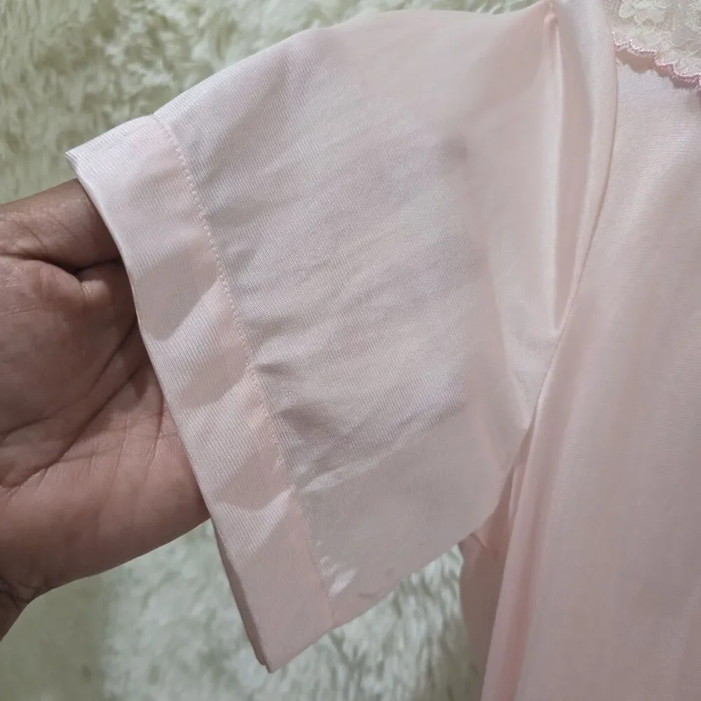 Vintage Made Isn USA Long Nylon Pink Nightgown Button-Up Lace Embroidery Trim L
